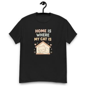 Cute cat black t-shirt for women with Home is Where My Cat Is slogan, comfy casual tee