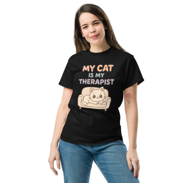 Funny cat black t-shirt for women with My Cat is My Therapist slogan, kawaii casual tee
