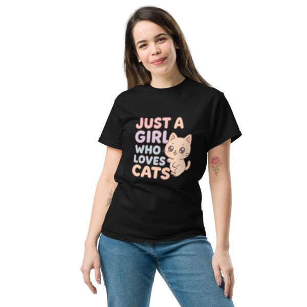 Kawaii cat black t-shirt for women with Just a Girl Who Loves Cats text, cute gift tee