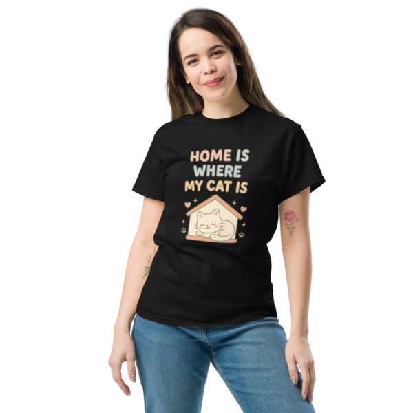 Cute cat black t-shirt for women with Home is Where My Cat Is slogan, comfy casual tee