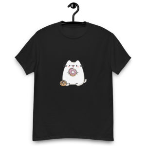 Kawaii cat black t-shirt for women with cute donut print, fun pastel tee