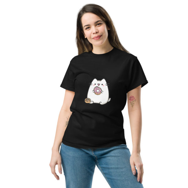 Kawaii cat black t-shirt for women with cute donut print, fun pastel tee