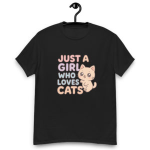 Kawaii cat black t-shirt for women with Just a Girl Who Loves Cats text, cute gift tee