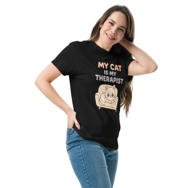 Funny cat black t-shirt for women with My Cat is My Therapist slogan, kawaii casual tee