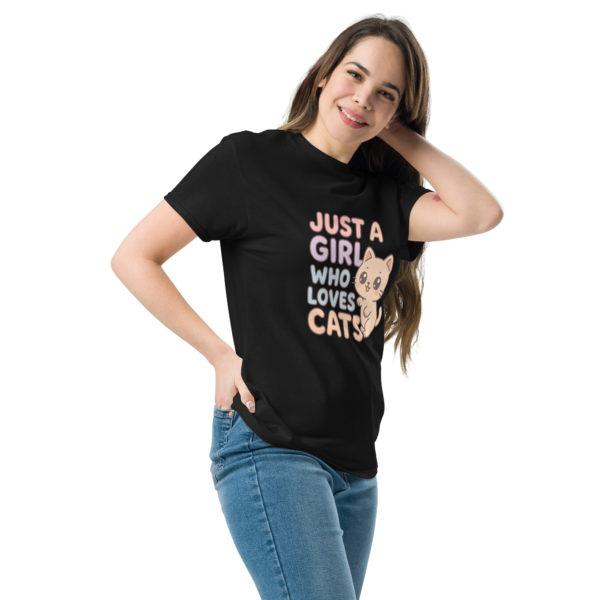 Kawaii cat black t-shirt for women with Just a Girl Who Loves Cats text, cute gift tee
