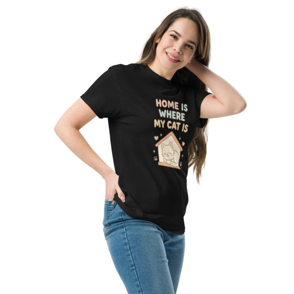 Cute cat black t-shirt for women with Home is Where My Cat Is slogan, comfy casual tee