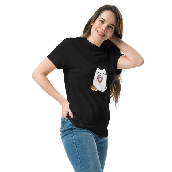 Kawaii cat black t-shirt for women with cute donut print, fun pastel tee