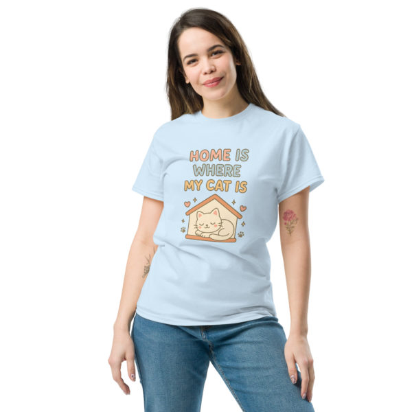 Cute cat light blue t-shirt for women with Home is Where My Cat Is slogan, comfy casual tee
