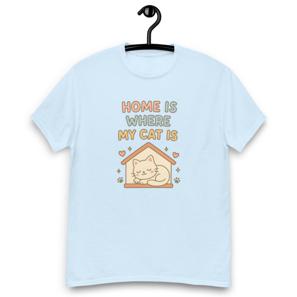Cute cat lihght blue t-shirt for women with Home is Where My Cat Is slogan, comfy casual tee