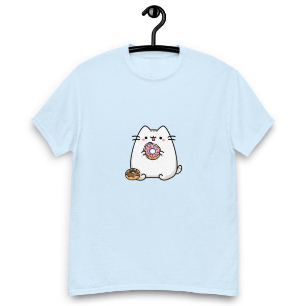 Kawaii cat light blue t-shirt for women with cute donut print, fun pastel tee