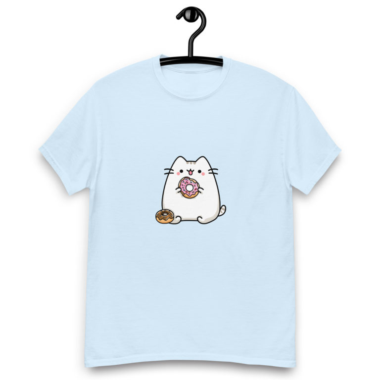 Kawaii cat light blue t-shirt for women with cute donut print, fun pastel tee
