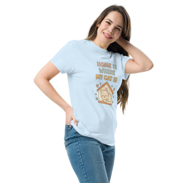 Cute cat light blue t-shirt for women with Home is Where My Cat Is slogan, comfy casual tee