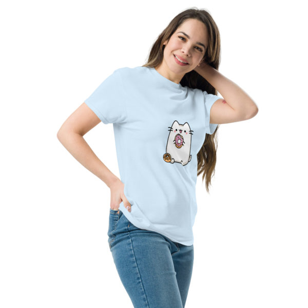 Kawaii cat light blue t-shirt for women with cute donut print, fun pastel tee