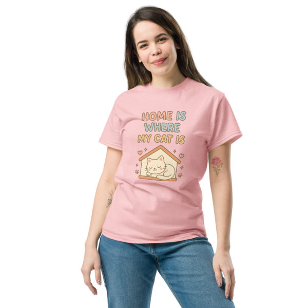 Cute cat light pink t-shirt for women with Home is Where My Cat Is slogan, comfy casual tee