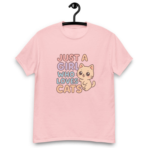 Kawaii cat light pink t-shirt for women with Just a Girl Who Loves Cats text, cute gift tee