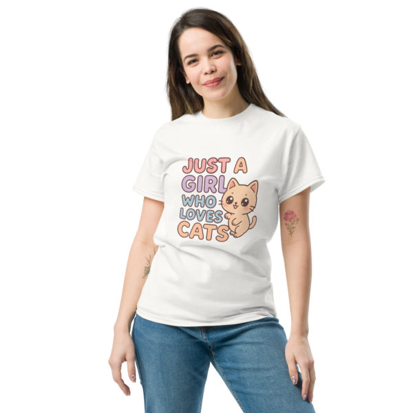 Kawaii cat white t-shirt for women with Just a Girl Who Loves Cats text, cute gift tee