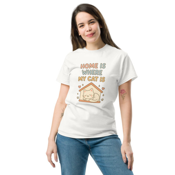 Cute cat white t-shirt for women with Home is Where My Cat Is slogan, comfy casual tee