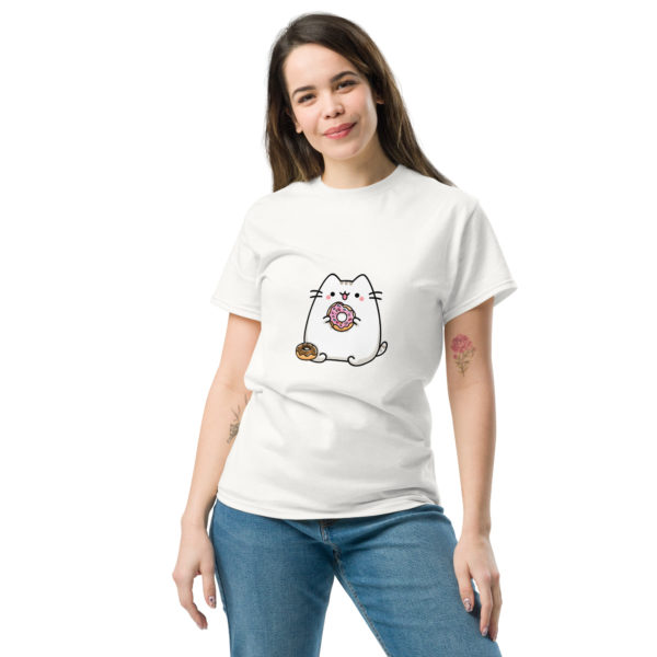 Kawaii cat white t-shirt for women with cute donut print, fun pastel tee
