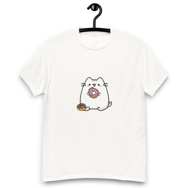 Kawaii cat white t-shirt for women with cute donut print, fun pastel tee