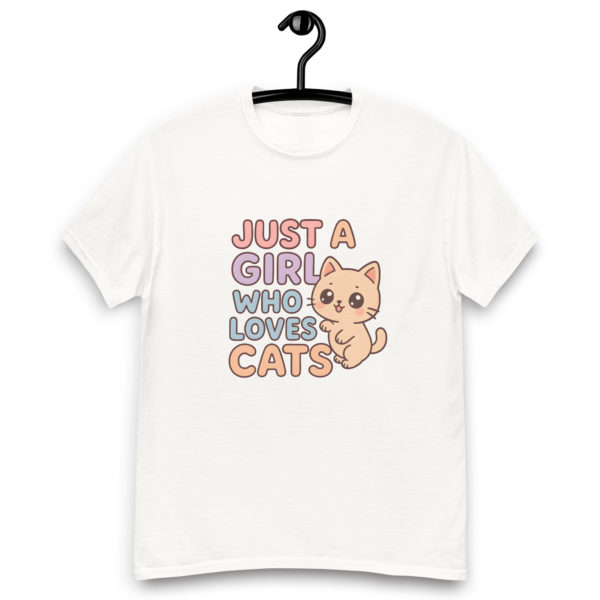 Kawaii cat white t-shirt for women with Just a Girl Who Loves Cats text, cute gift tee