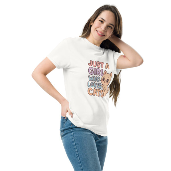 Kawaii cat white t-shirt for women with Just a Girl Who Loves Cats text, cute gift tee