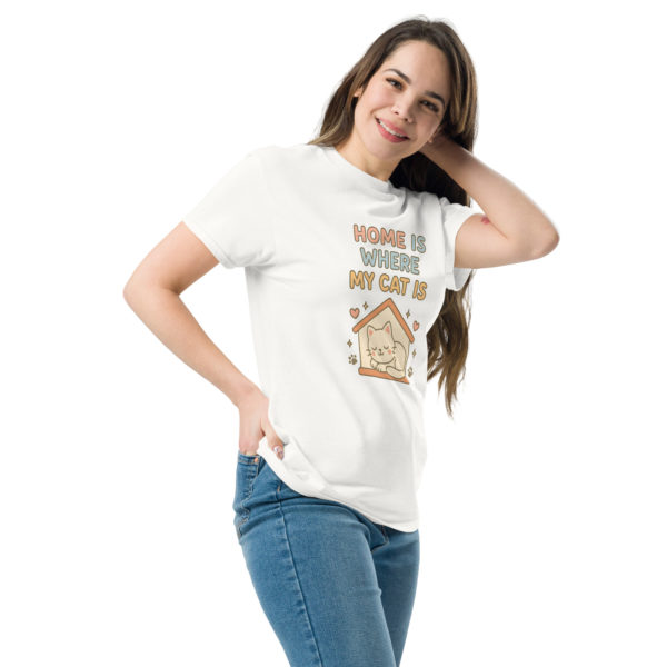 Cute cat white t-shirt for women with Home is Where My Cat Is slogan, comfy casual tee