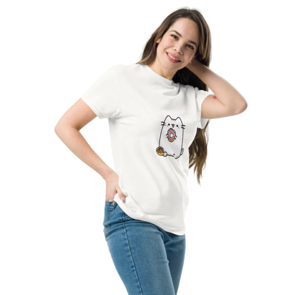 Kawaii cat white t-shirt for women with cute donut print, fun pastel tee