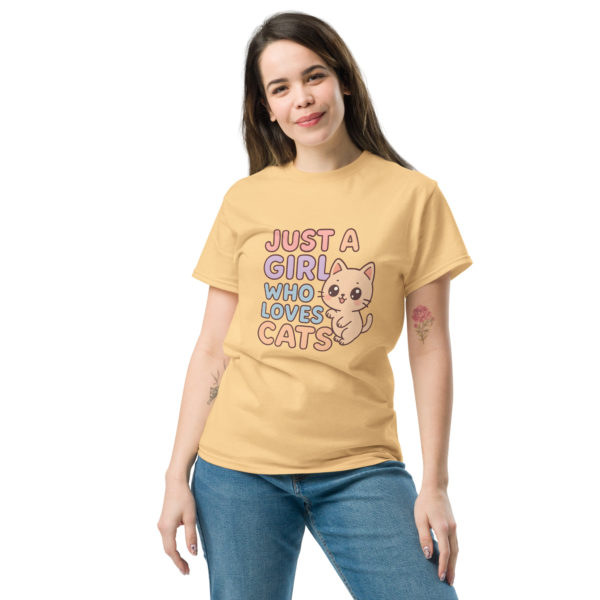 Kawaii cat yellow t-shirt for women with Just a Girl Who Loves Cats text, cute gift tee