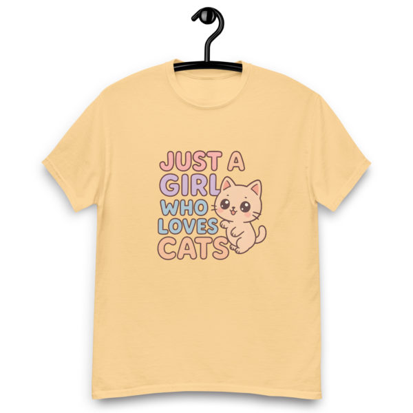 Kawaii cat yellow t-shirt for women with Just a Girl Who Loves Cats text, cute gift tee