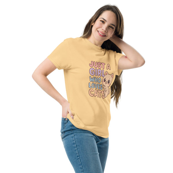 Kawaii cat yellow t-shirt for women with Just a Girl Who Loves Cats text, cute gift tee