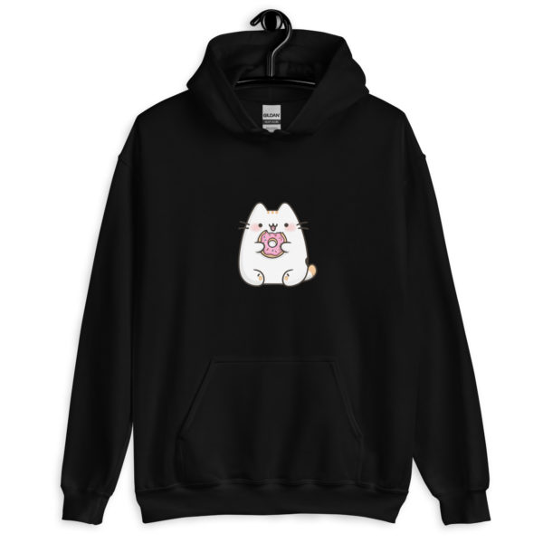 Kawaii cat black hoodie for women with adorable donut design, cute and comfy sweatshirt