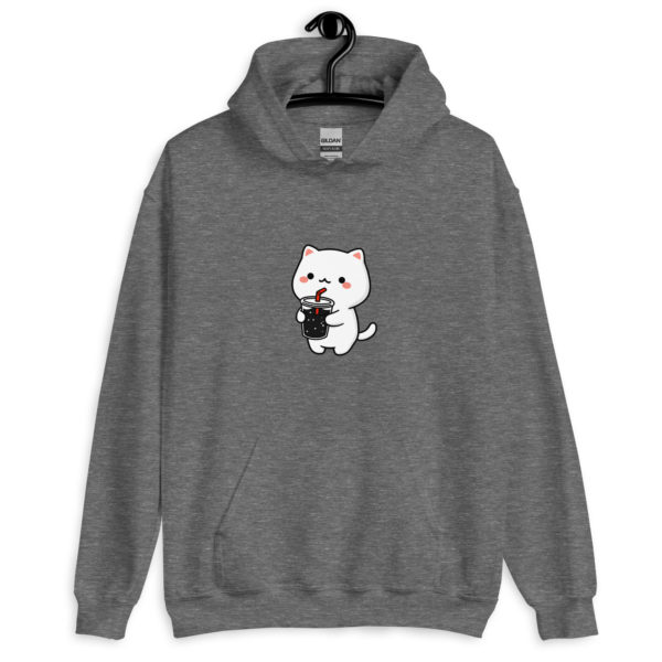 Kawaii cat grey hoodie for women with cute soda design, soft and cozy sweatshirt