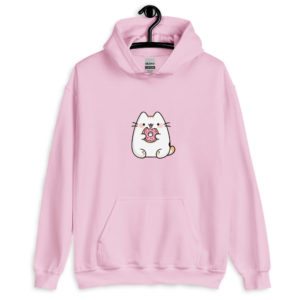 Kawaii cat light pink hoodie for women with adorable donut design, cute and comfy sweatshirt