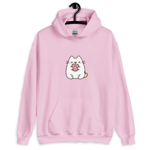 Kawaii cat light pink hoodie for women with adorable donut design, cute and comfy sweatshirt