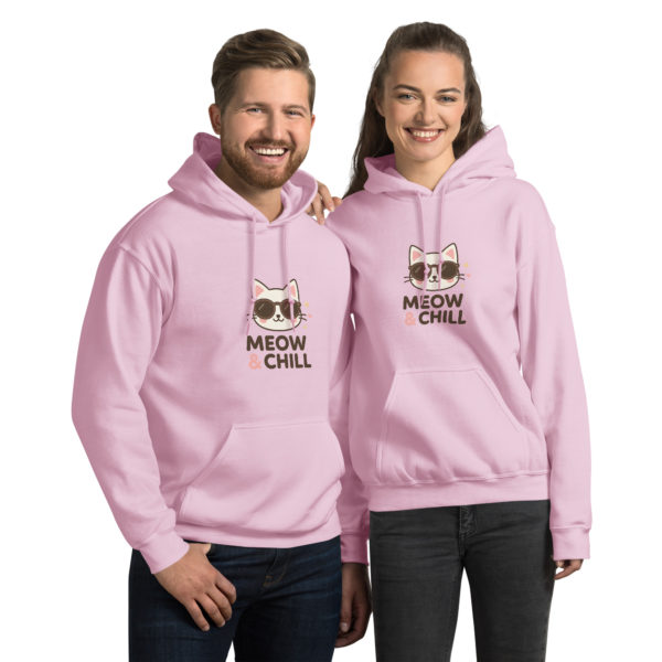 Meow and Chill, light pink hoodie for women, funny kawaii cat sweatshirt in cozy style