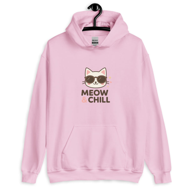 Meow and Chill, light pink hoodie for women, funny kawaii cat sweatshirt in cozy style