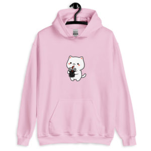 Kawaii cat light pink hoodie for women with cute soda design, soft and cozy sweatshirt