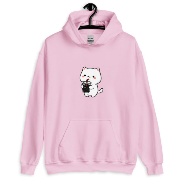Kawaii cat light pink hoodie for women with cute soda design, soft and cozy sweatshirt