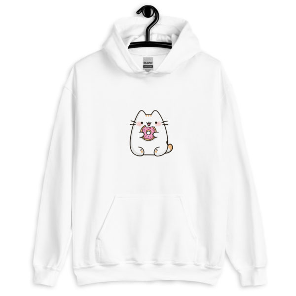 Kawaii cat white hoodie for women with adorable donut design, cute and comfy sweatshirt
