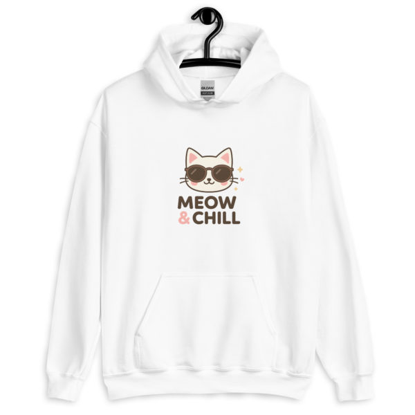 Meow and Chill white hoodie for women, funny kawaii cat sweatshirt in cozy style