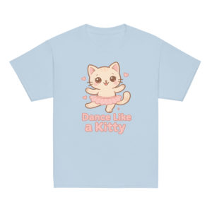 Girls kawaii light blue t-shirt featuring cute cat wearing pastel tutu and Dance Like a Kitty slogan, soft comfortable cat clothes for playful girls