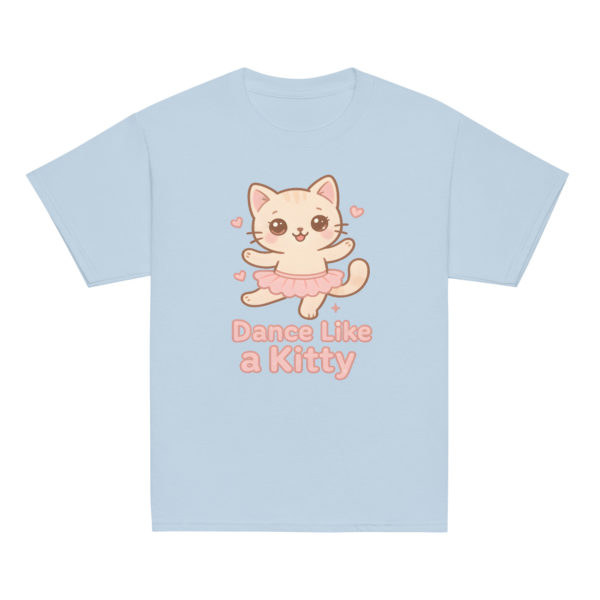 Girls kawaii light blue t-shirt featuring cute cat wearing pastel tutu and Dance Like a Kitty slogan, soft comfortable cat clothes for playful girls
