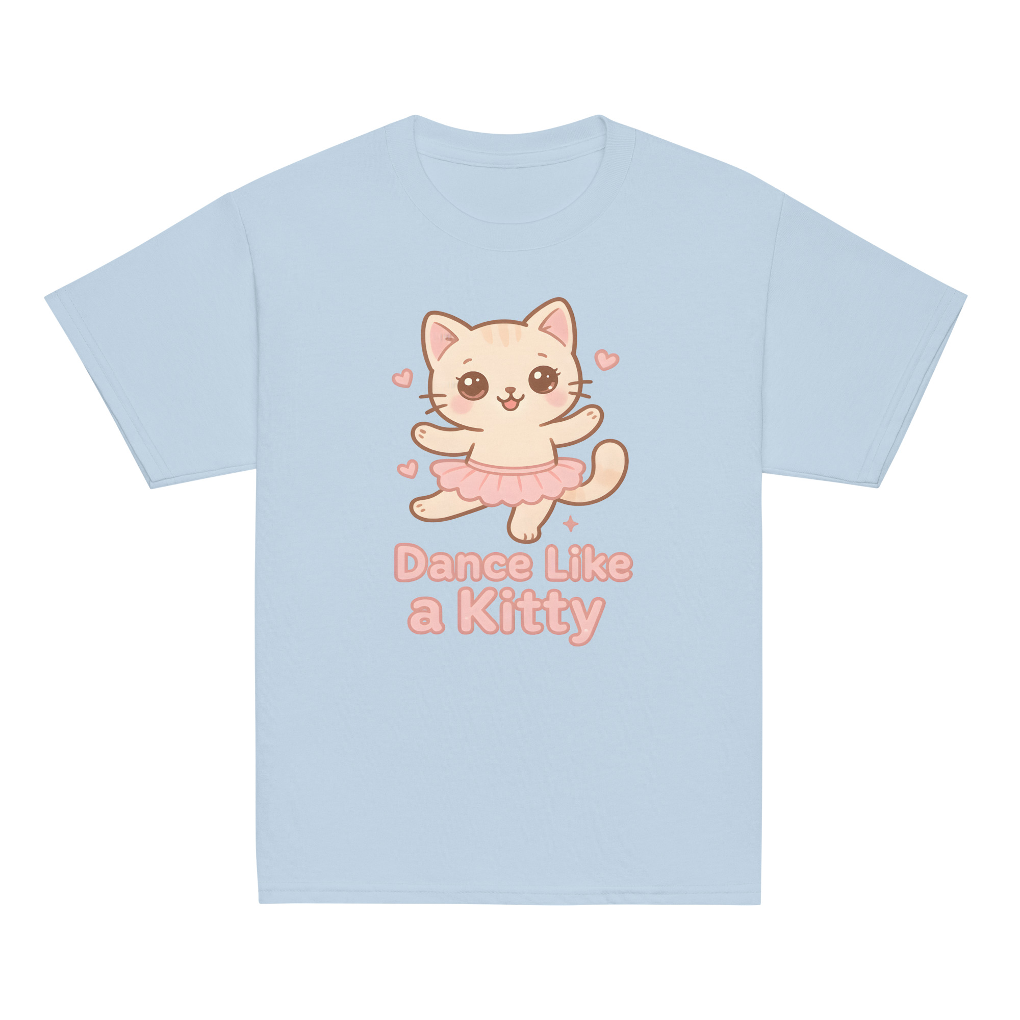 Girls kawaii light blue t-shirt featuring cute cat wearing pastel tutu and Dance Like a Kitty slogan, soft comfortable cat clothes for playful girls