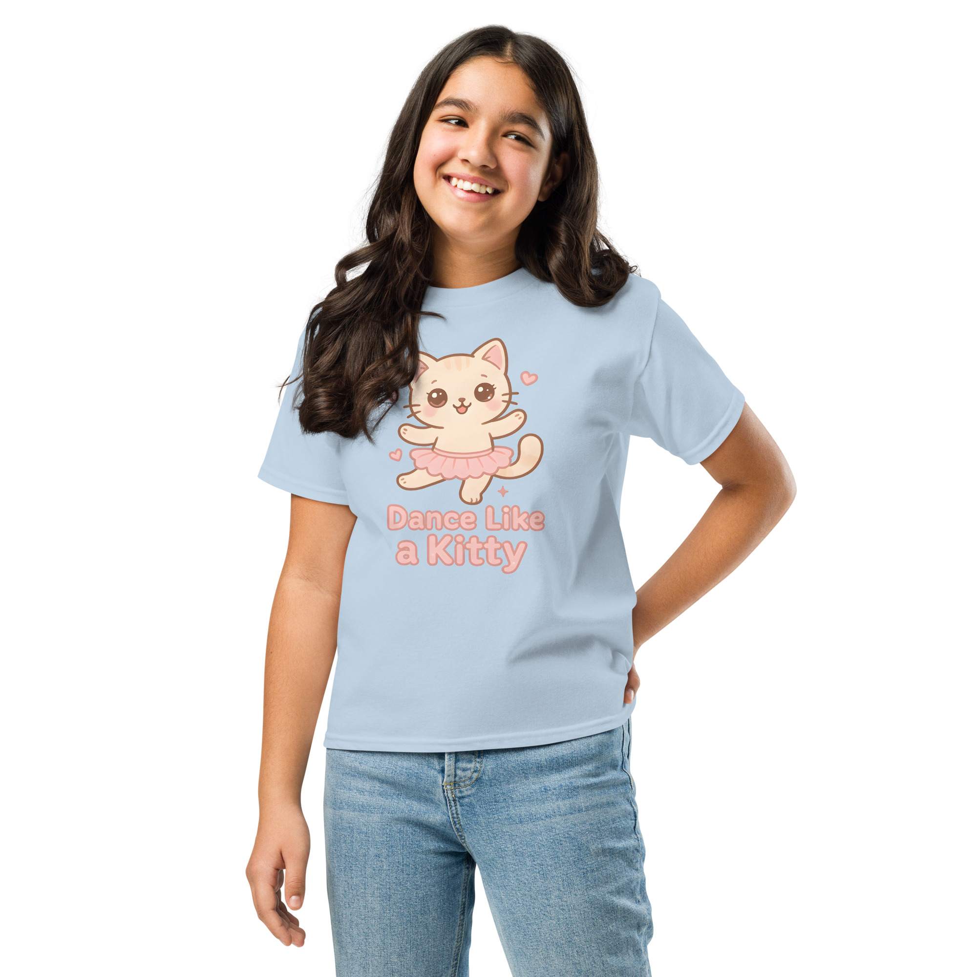 Girls kawaii light blue t-shirt featuring cute cat wearing pastel tutu and Dance Like a Kitty slogan, soft comfortable cat clothes for playful girls
