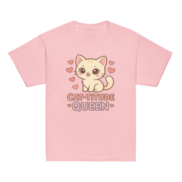 Girls kawaii light pink t-shirt with playful kitten and Cat-titude Queen slogan