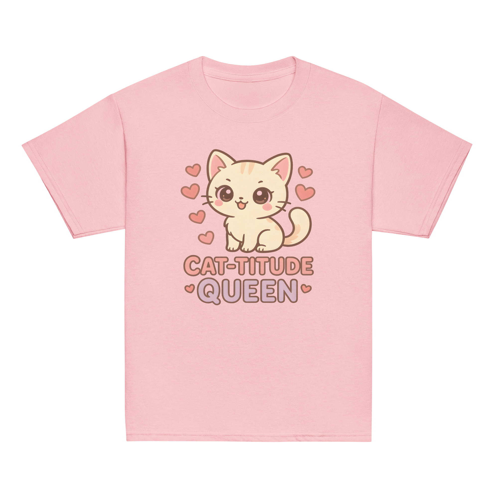 Girls kawaii light pink t-shirt with playful kitten and Cat-titude Queen slogan