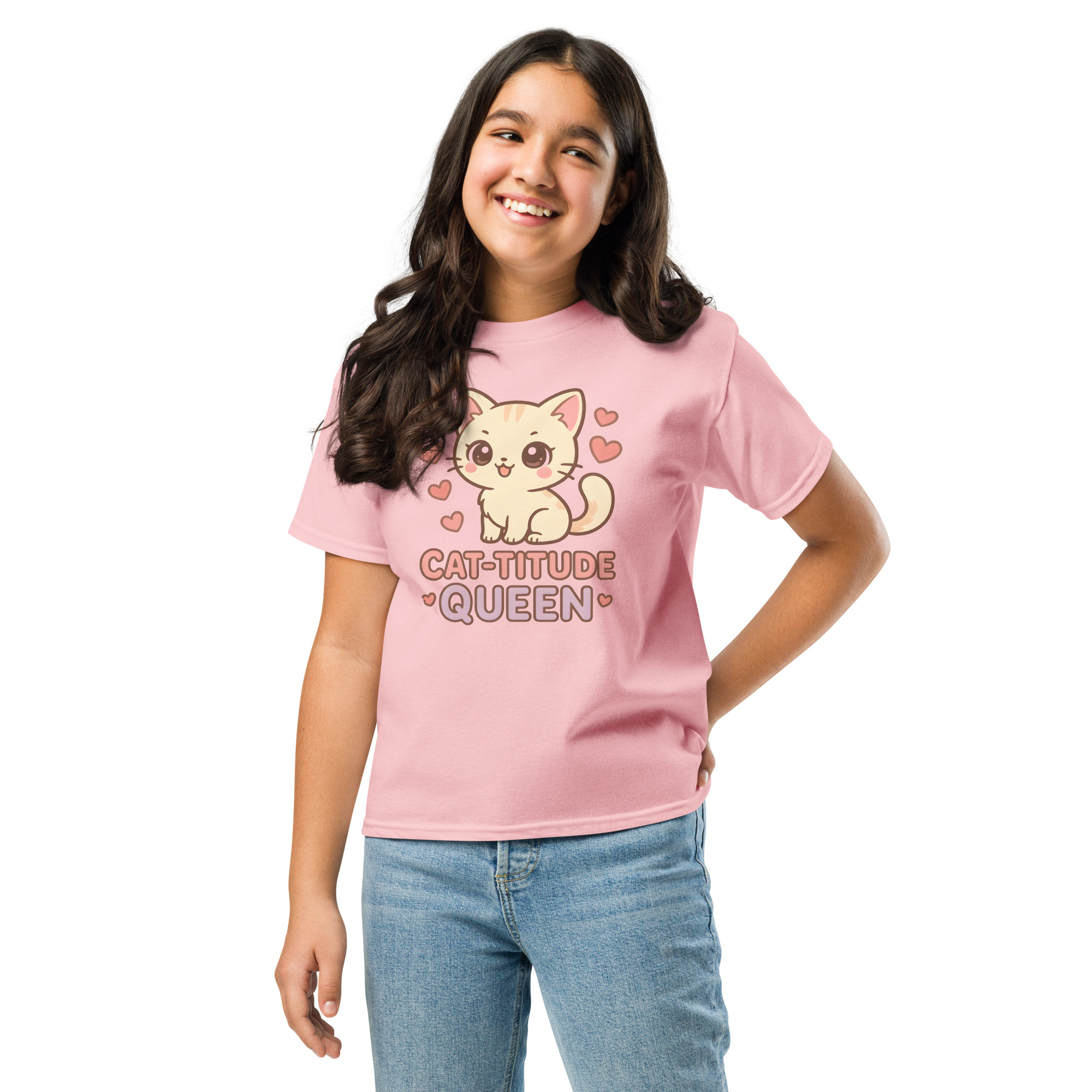 Girls kawaii light pink t-shirt with playful kitten and Cat-titude Queen slogan