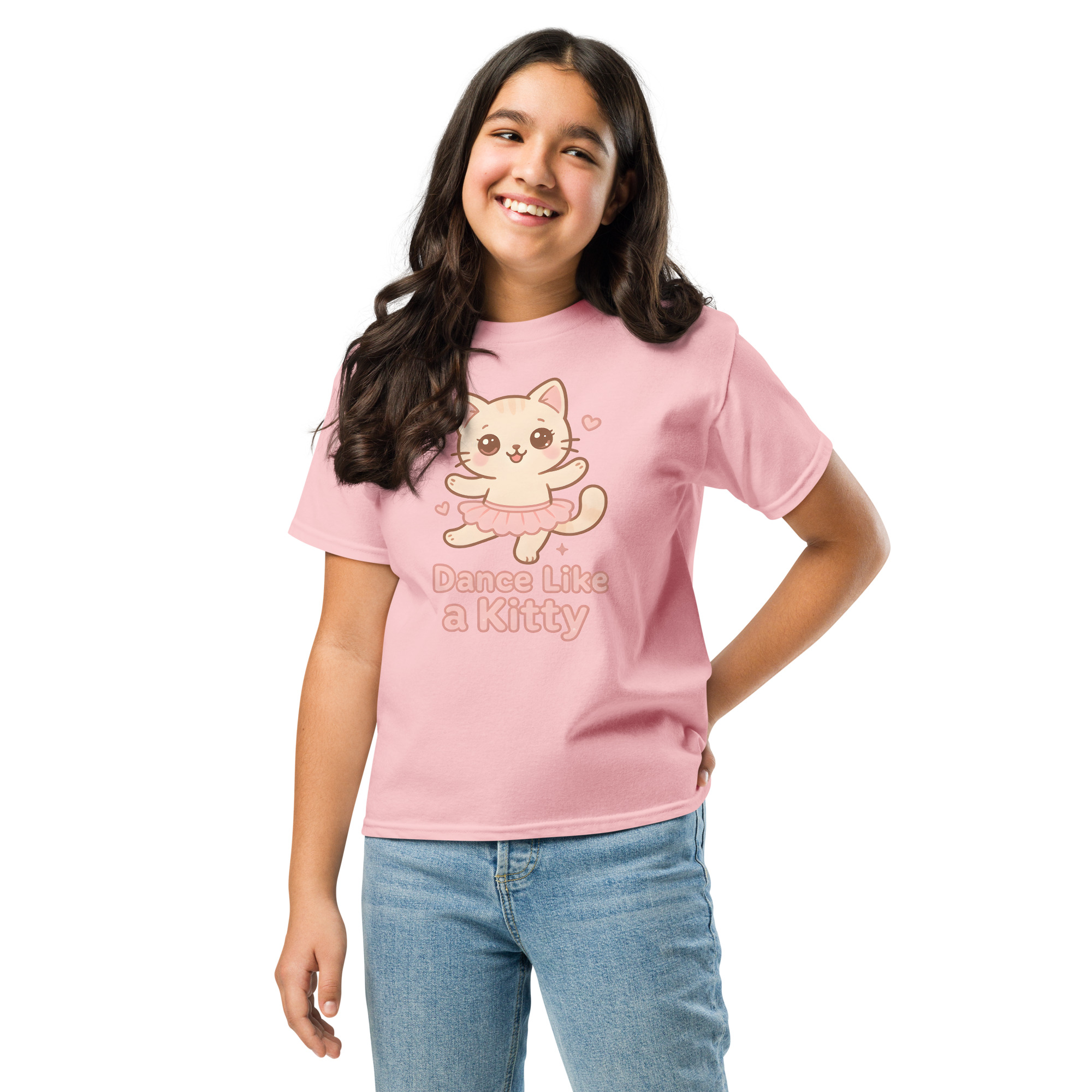 Girls kawaii light pink t-shirt featuring cute cat wearing pastel tutu and Dance Like a Kitty slogan, soft comfortable cat clothes for playful girls