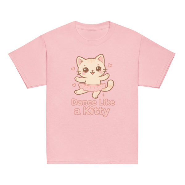 Girls kawaii light pink t-shirt featuring cute cat wearing pastel tutu and Dance Like a Kitty slogan, soft comfortable cat clothes for playful girls