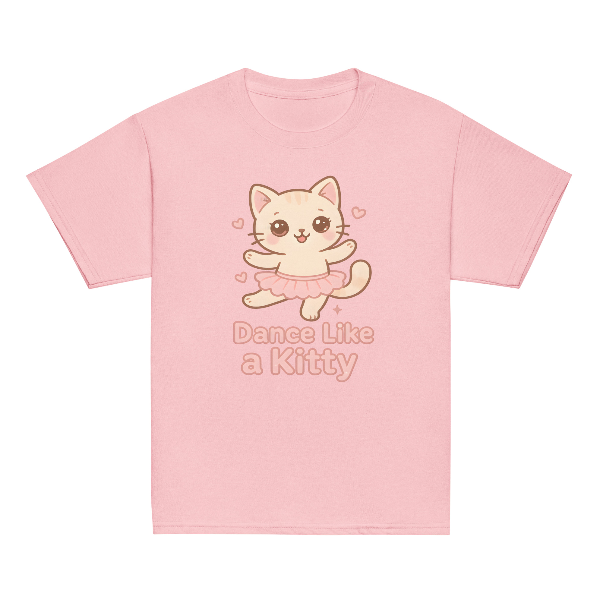 Girls kawaii light pink t-shirt featuring cute cat wearing pastel tutu and Dance Like a Kitty slogan, soft comfortable cat clothes for playful girls
